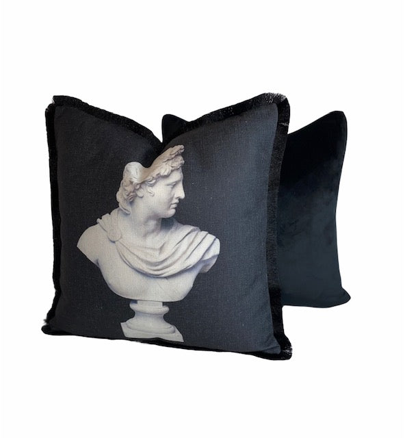 Apollo Bust Cushion SKU 56700226 | Off Black & Off White Pillow Antique Style Fringe