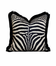 Load image into Gallery viewer, Zebra Linen Black &amp; Off White Cushion Pillow Animal Print Black Fringe
