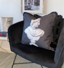 Load image into Gallery viewer, Apollo Bust Cushion SKU 56700226 | Off Black &amp; Off White Pillow Antique Style Fringe
