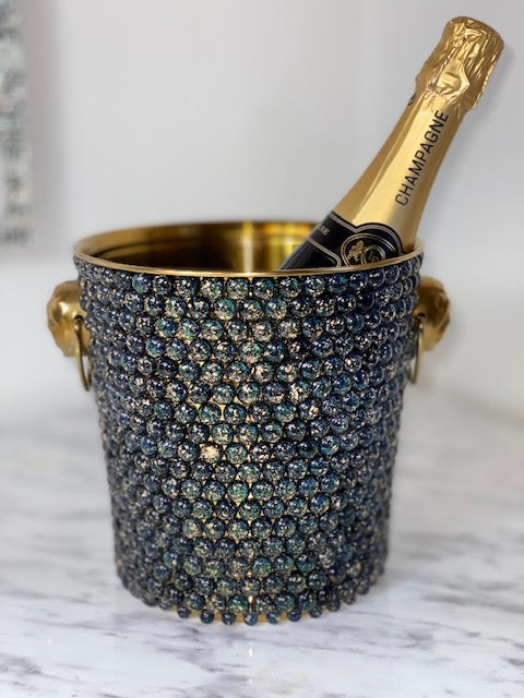 Gold Ice Bucket Embellished Green Glitter Sparkly Gold Foil Beads Rhinestones Beaded Crystals Faux Diamante Champagne Drinks Cooler