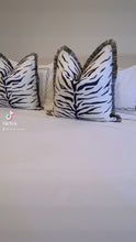Load and play video in Gallery viewer, White Tiger Cushion SKU 34679007 | Pillow Animal Print Black &amp; White Monochrome Fringe
