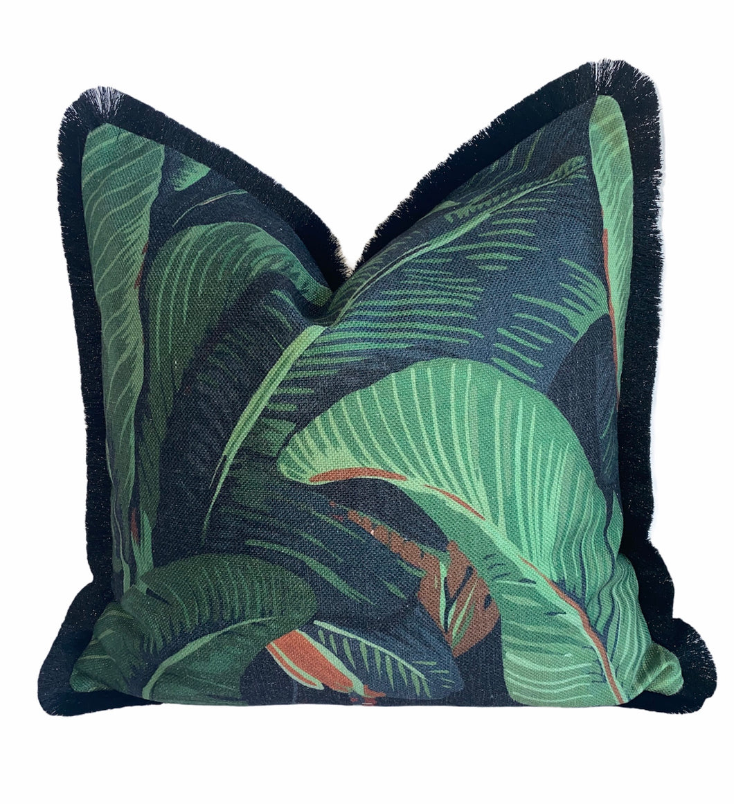 Cuscino foglia di banana Verde scuro nero tropicale stampa cuscino cuscino cuscino frangia nera