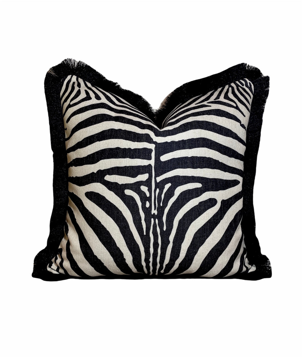 Zebra Linen Black & Off White Cushion Pillow Animal Print Black Fringe
