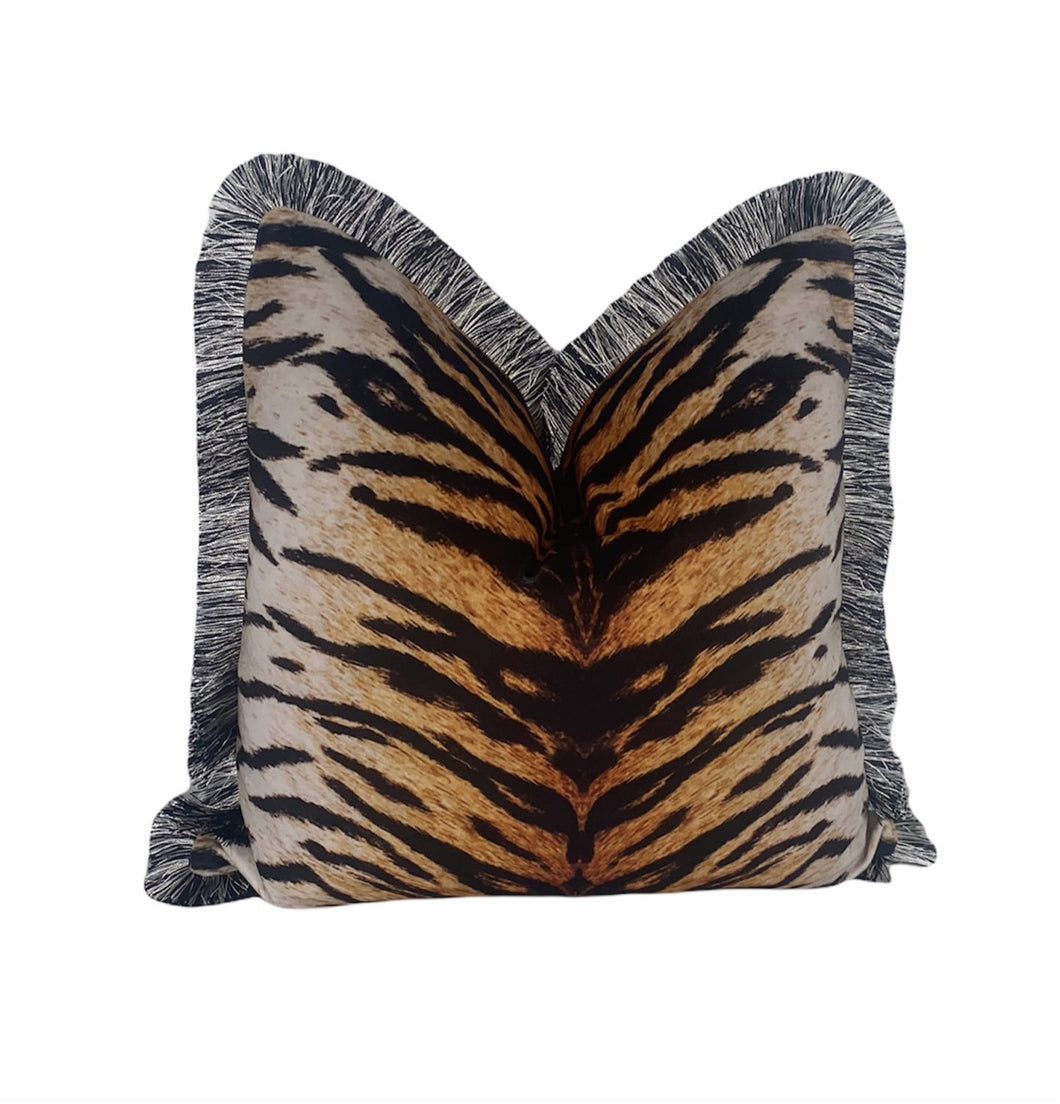 Tiger Print Velvet Cushion SKU 46621578 | Pillow Animal Print Fringe